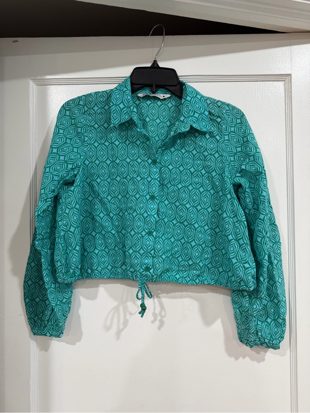 Zara Teal Geometric Button-Down Shirt with Drawstring Hem XS